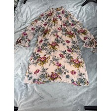 Express Beige Pink Green High Neck Floral Mandarin Collar Chiffon Dress Size XS