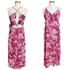 ZARA Maxi Dress Printed Ruffles Floral Pink Sleeveless Chiffon V-Neck Large NWT
