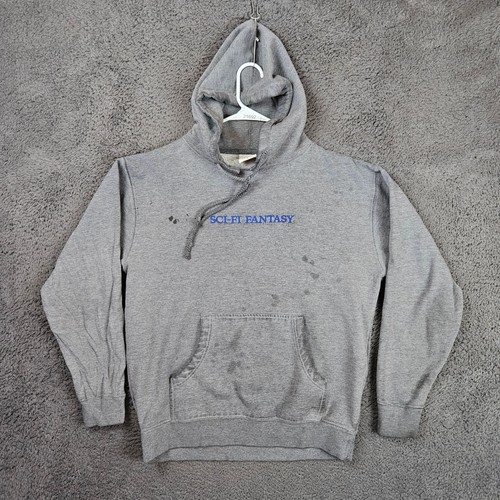 Sci-Fi Fantasy Mens Embroidered Logo Pullover Hoodie Gray Size M Distressed