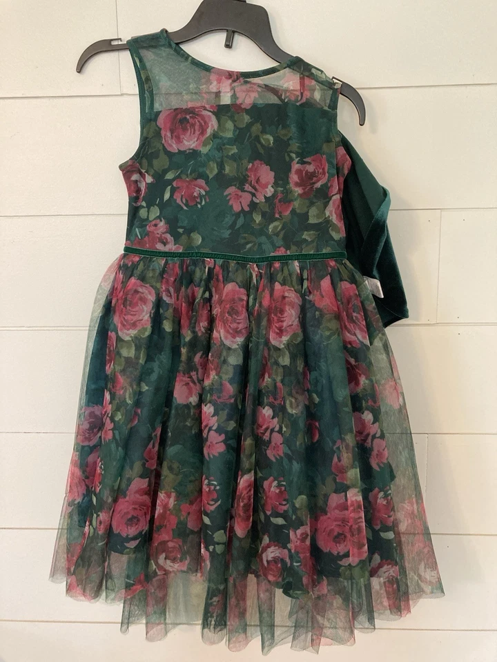 Vestido de fiesta y vacaciones para niñas Lilt Talla 7/8 Florido con chaqueta de terciopelo verde cazador Foto 3 de 4