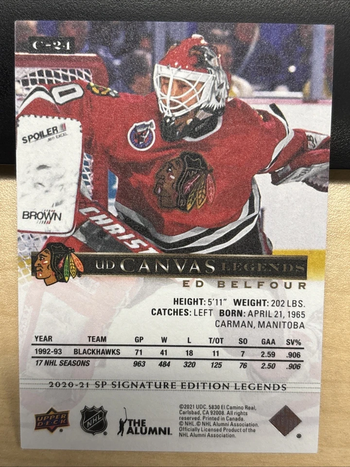 2020-21 20/21 SP Signature Edition Legends UD Canvas C-24 Ed Belfour Blackhawks - Image 2 of 2