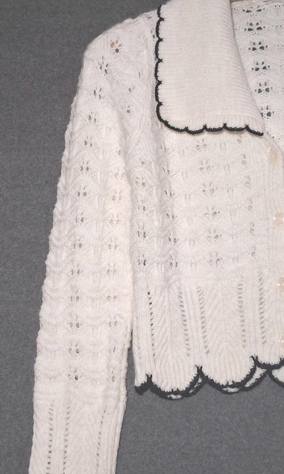 MANGO Women's Natural Scallop Trim Collar Cardigan Size Small Ivory MNG Preppy thumbnail 5