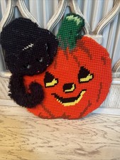 Vintage Plastic Canvas Yarn Needlepoint Halloween Jack o Lantern Black Cat Decor