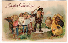 ANTIQUE EASTER Postcard   GNOME CONDUCTING WHILE GNOMES AND CHICKS SING