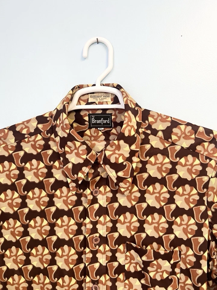 Vintage 70s Branford Button Up Shirt XL Disco Mod Geometric Brown Orange - Image 4 of 4