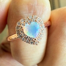 925 Sterling Silver Ring 4mm Heart Natural Opal Gemstone Zircon Women Gift