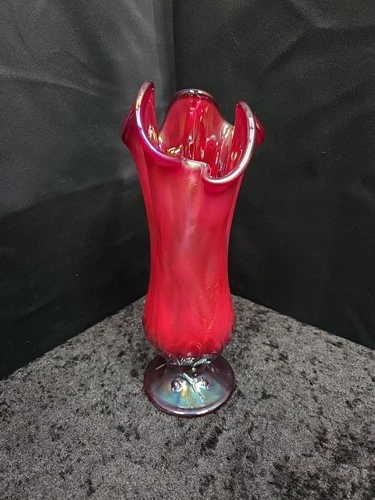 VTG Fenton Lily of Valley Cranberry Ruby Carnival Glass Handkerchief Art Vase