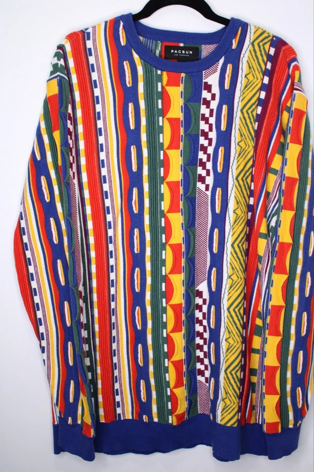 Suéter Estilo Coogi PACSUN Arco Iris Negro Tejido 3D Hombres Grande Cosby Biggie Años 90 Retro Foto 4 de 4
