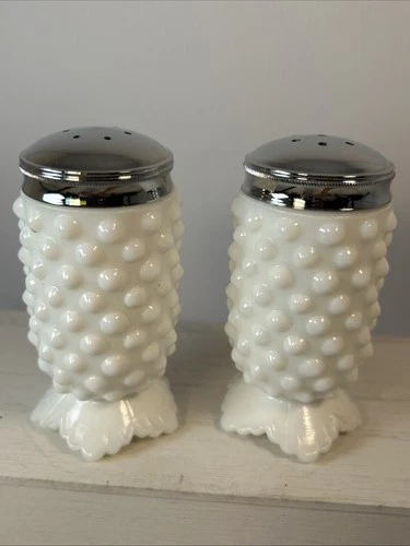 FENTON HOBNAIL SALT and PEPPER SHAKERS, White Milk Glass Pedestal Foot, Vintage