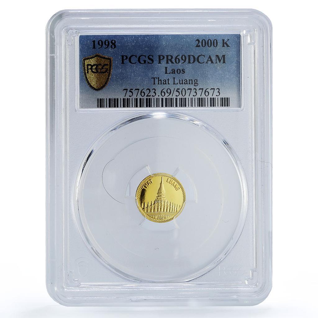 Laos 2000 kip That Luang Monument Buddhism Religion PR69 PCGS gold