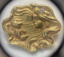 Antique Art Nouveau 18k Yellow Gold Diamond Cameo Portrait Victorian Pin Brooch