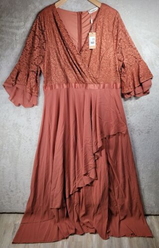 Dress Plus Size 4XL Flutter Sleeves Split Maxi Chiffon Laced V Neck Caramel
