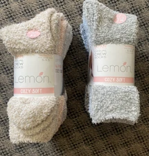 4 Pair Lemon Womens Cozy Casual Crew Socks Fuzzy Warm Socks Size 5-9.5 TAN& BLUE