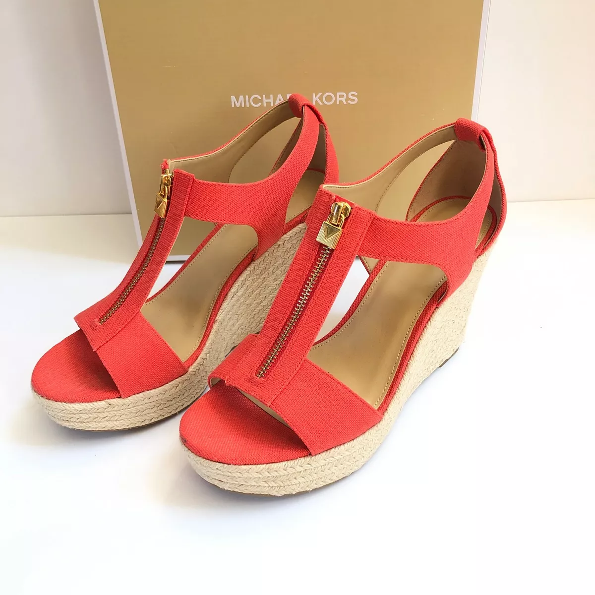 NEW Michael Kors Espadrille Janet Wedges MK Logo Zip Up Heel