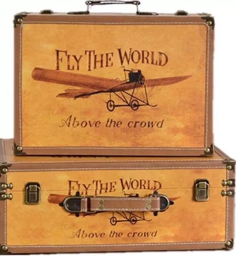 Set Of 2 VTG STYLE STORAGE BOXES SUITCASE LUGGAGE TRAVEL ADVENTURE FLY THE WORLD