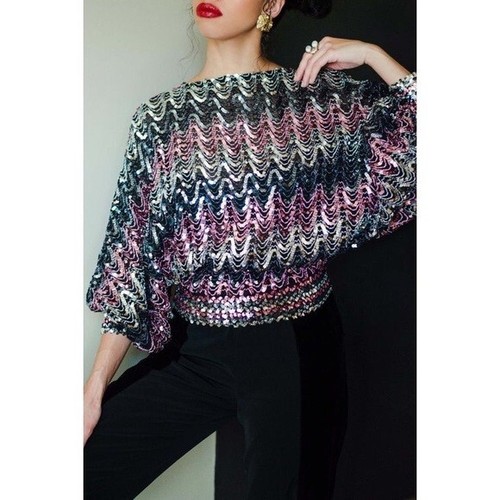 MISS H VINTAGE SEQUIN STRETCH BATWING SPARKLE TOP PINK SILVER BLACK SZ M - Picture 9 of 10