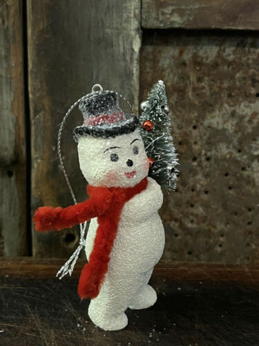 Paper Mache Frosty Snowman Vintage Style Mica Snow w Bottle Brush Tree Ornament - Picture 2 of 8