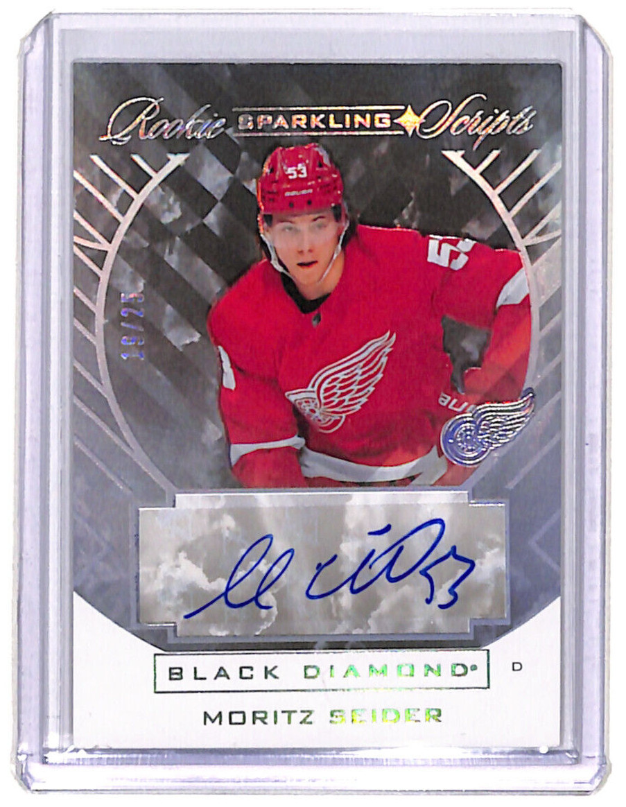 Moritz Seider #SC-MS Hockey Cards 2021 Upper Deck Black Diamond Sparkling Rookie Scripts trading card — raw and PSA graded price guide
