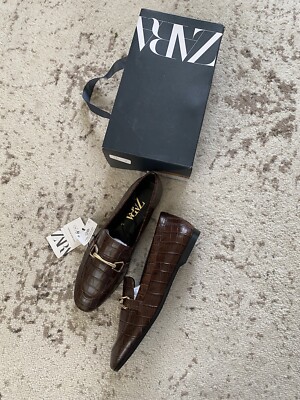 New Zara Womens Crocodile Animal Print Leather Loafers Shoes Brown