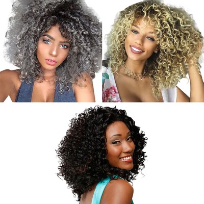 Fashion Medium Hair Wigs Ombre Color Grey White Curly Wigs Afro