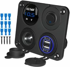 4 gang 1 Panel Dual USB Socket Charger LED Voltmeter+12V Power Outlet Car Boat