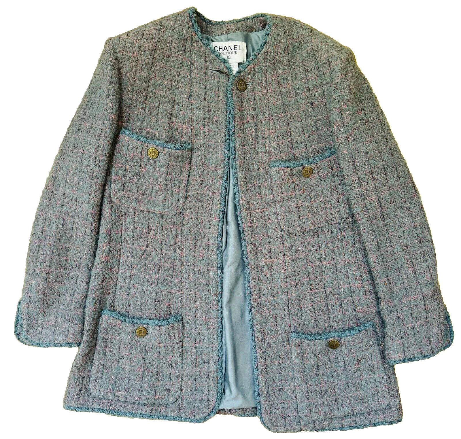 Autentico blazer vintage Chanel Boutique tweed Boucle 97A lunghezza media taglia 48