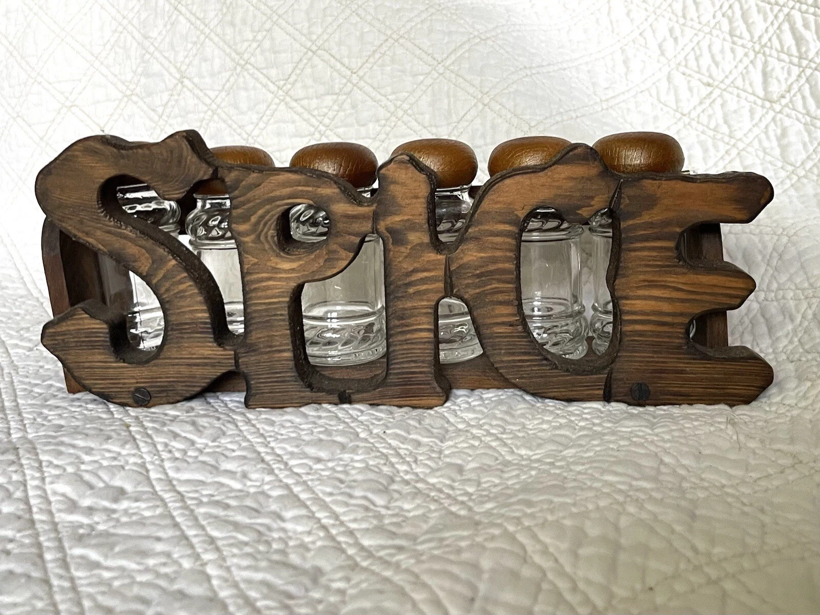 Wooden SPICE Rack Handmade w/ Bottles 70s Boho Carved Letters VINTAGE