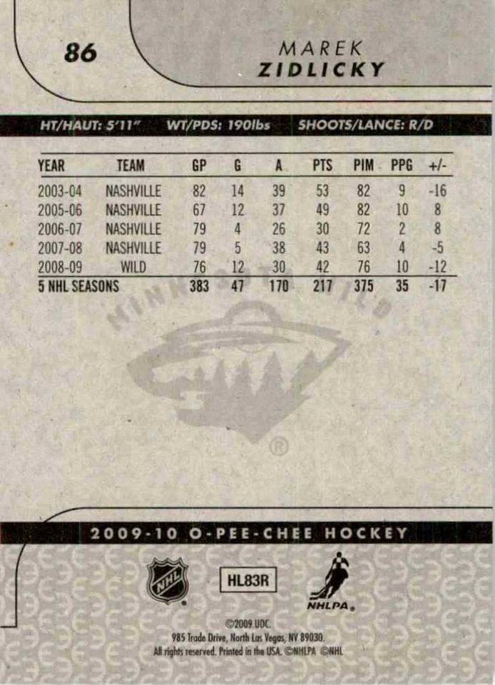 2009-10 O-Pee-Chee Marek Zidlicky #86 - Image 2 of 2