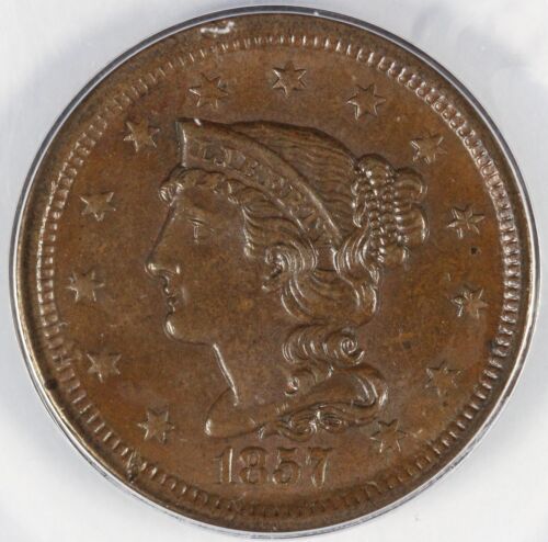 1857 1c Small Date Braided Hair Large Cent ANACS MS 62 BRN  - Picture 1 of 5