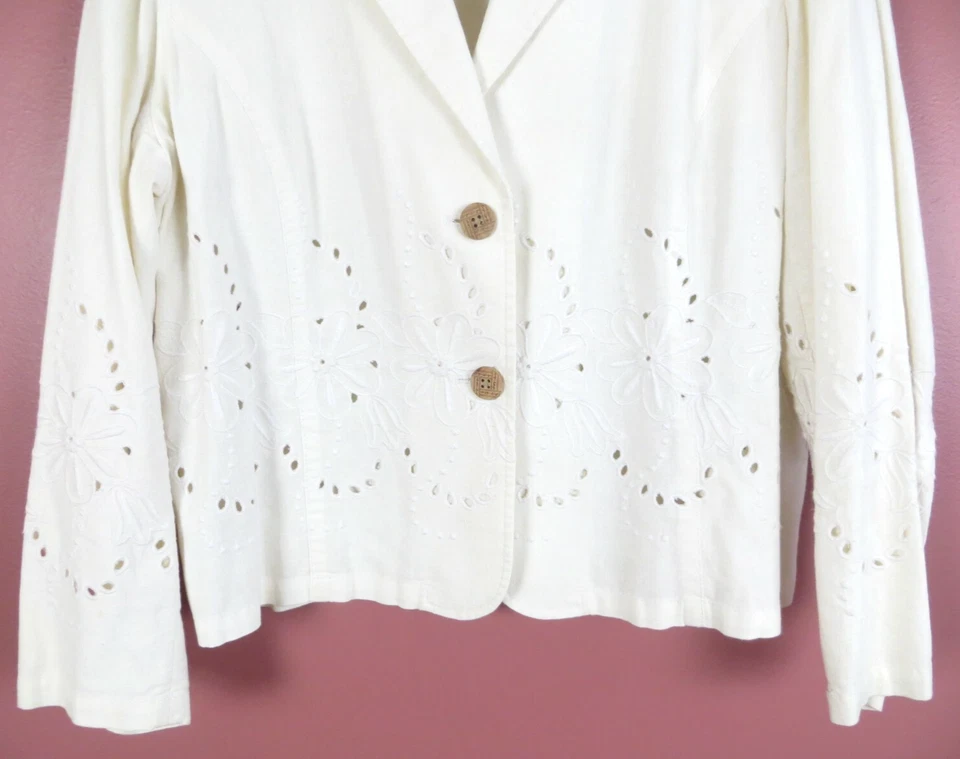 CJ0848 COLDWATER CREEK Mujer Lino Algodón Chaqueta Manga Larga Floral Ojales PXL Foto 4 de 4