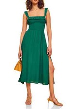 REFORMATION Green Serpentine Siesta Smocked Ruffle Square-Neck Midi Dress XL 💚