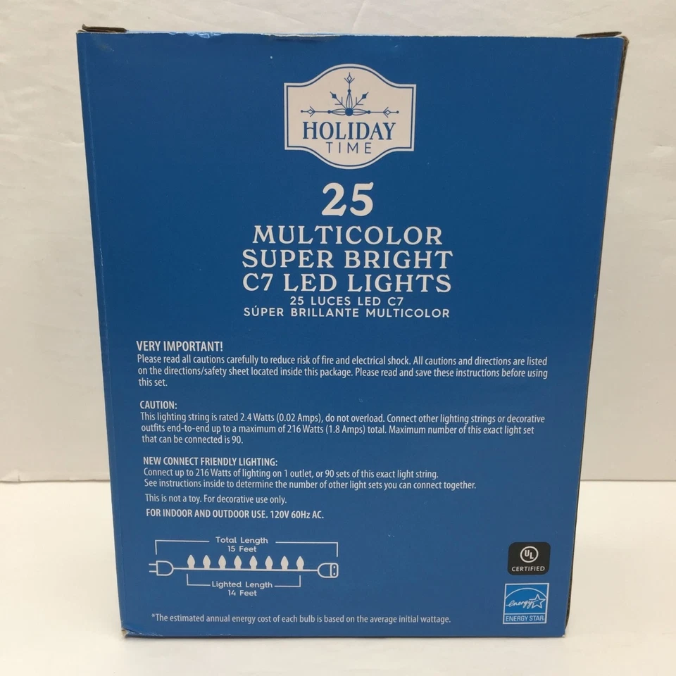 Holiday Time 25 Multicolor Super Bright C7 LED Christmas Lights 14ft Set 2 Decor - Image 4 of 4