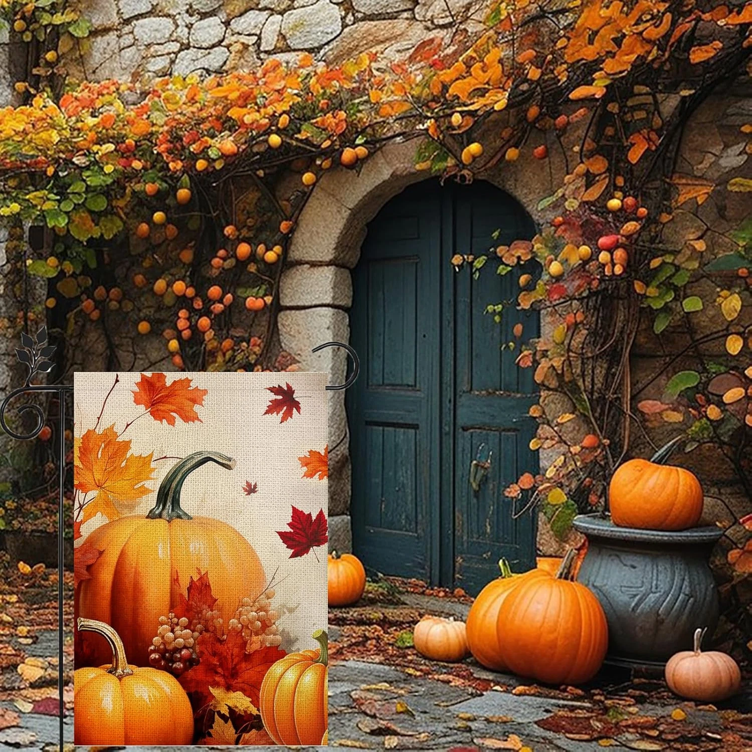 Fall Pumpkin Garden Flag  Maple Leaf Thanksgiving Rustic Double-Sided