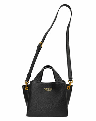 GUESS Black Pebbled Logo Satchel Top Handle Crossbody, Gold Hardware, Zip
