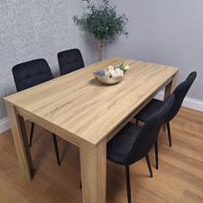 Dining Table Set Of 4 Wooden Oak Table And 4 Tufted Velvet Black Chairs
