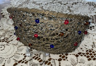 VINTAGE HANDMADE WOVEN METAL ROUND COLORFUL BEADS FRUIT/BREAD BASKET — photo 1