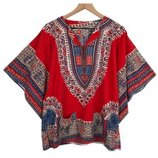 VTG African Dashiki Print Tunic Top Women's M/L Red Blue Split Neck Pockets