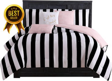 Queen Reversible Bedding Set Black White Stripe 6 Piece Comforter Pillows Shams