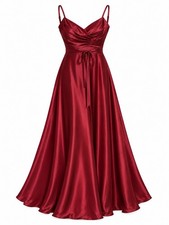 Women's Red Satin Maxi Dress Size 2 V-Neck Sleeveless Strappy Formal
