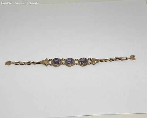 14K Yellow Gold Vintage Bracelet with Purple Sapphires 7.75"