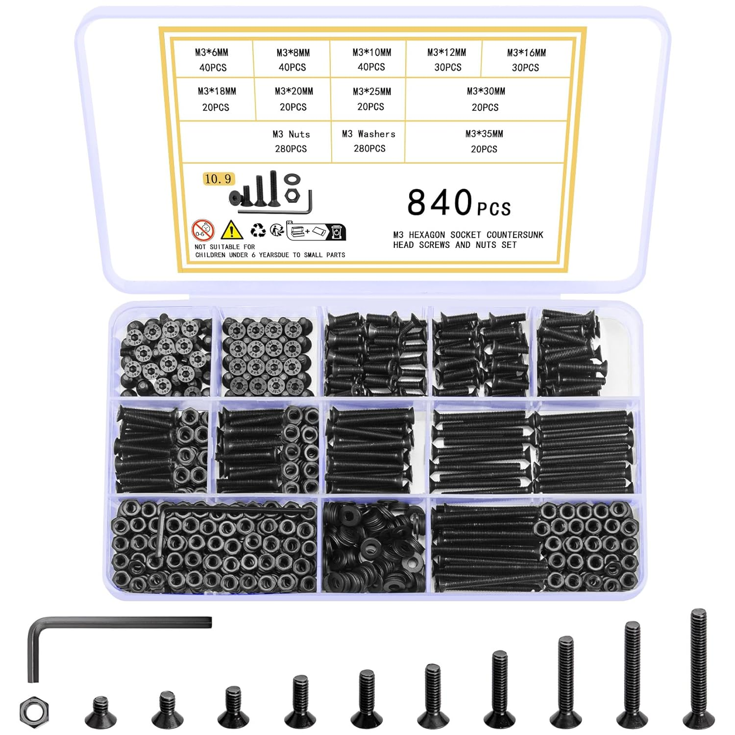 840PCS M3 Countersunk Hex Socket Screw & Nut Assortment Kit Set