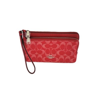 Coach CDN22 Double Zip Wallet Denim  Signature Canvas Wristlet True Red Clutch
