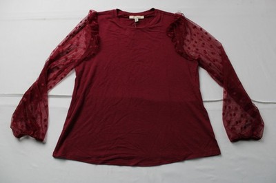 Les Serein Women's Petite Burgas Ruffle Detail Knit Top JT8 Red Size PM NWT