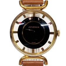 Juvenia Skeleton Watch Black Dial Manual Wind Gold Case 15.4g 27.5mm 13-17cm