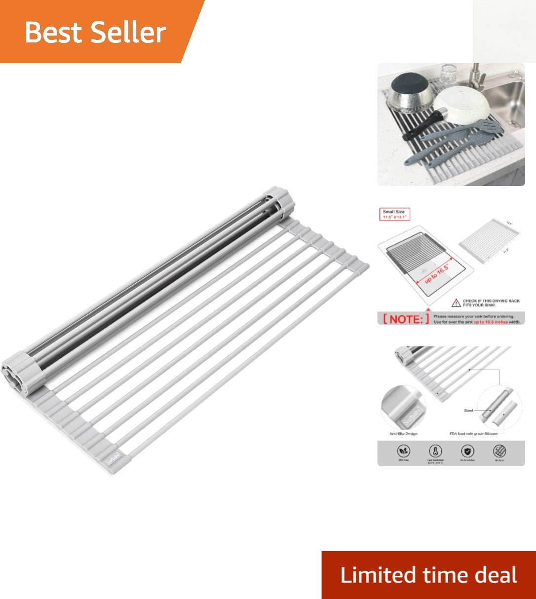 17.5" x 13.1" Foldable Dish Drying Rack - Non-Slip, Rust Resistant, Heat Safe