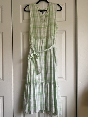Chaps Womens Tiered Midi Dress L Mint Plaid Cottagecore Boho Resort With Tie