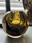 Vintage Murano Sommerso Art Glass Faceted Round Amber Blue Orange Vase Or Votive