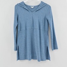 J Jill Ribbed Knit Tunic Hoodie Womens Size XSP Blue Cotton Cozy Soft Pullover