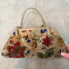 50s 60s Vintage Chenille Tapestry Carpet Bag Floral Purse Handbag Locking Clasp