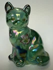 Fenton Sitting Cat Spruce Green Carnival Glass Floral Hand Painted